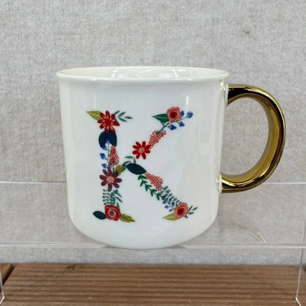 Opalhouse Floral Monogram K Porcelain Coffee Mug Gold Handle White 3.75in - Picture 1 of 7